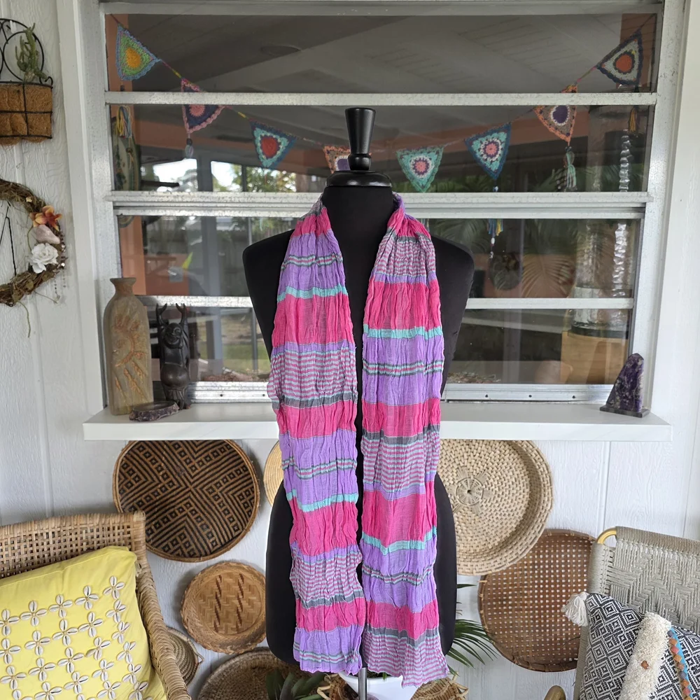 Vintage Y2K Feminine Long Scarf Powder Brand Pink and Purple Striped Silk Cotton